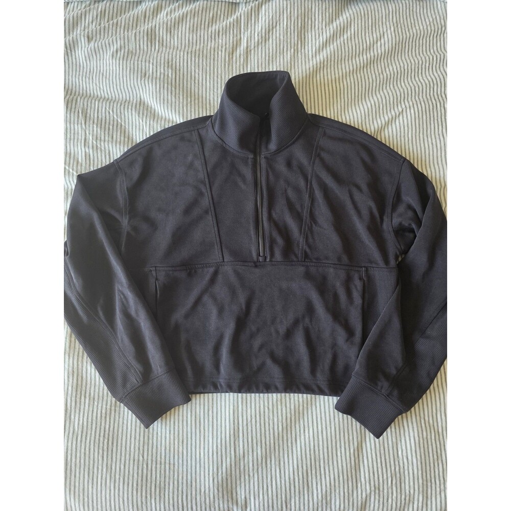 Athleta Seasoft Rib 1/4 Zip Popover Sweatshirt Size S Black NWoT